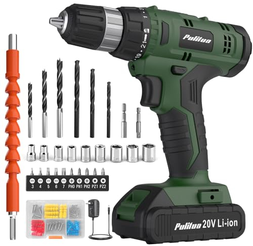 PULITUO 20V taladro inalámbrico, juegos de brocas potentes, parde torsión30N, 21+1ajuste deparde torsión, 3/8 pulgadas portabrocas sinllave, 40pcs brocas, taladro eléctricocon 2.0AH Li-Ion bateríay