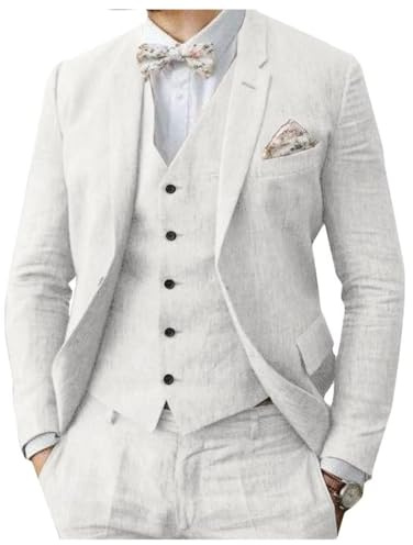 Traje de hombre de lino de 3 piezas formal para negocios, chaqueta de hombre con solapa esmoquin para boda, traje de fiesta para el novio y sus acompañantes, blanco, 48