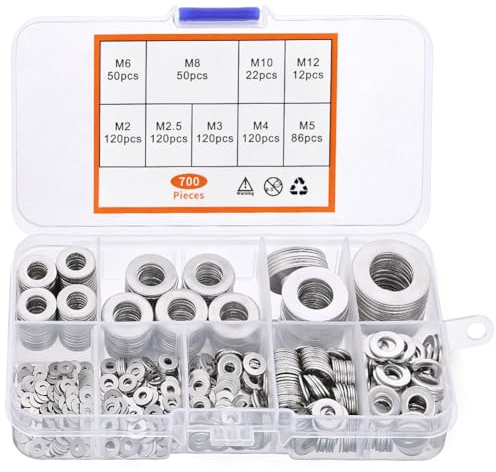 Flintronic 700 Pièces Rondelles Metal, Rondelles Plates, Rondelle Inox, Rondelle en 304 Acier Inoxydable, Penny Rondelles pour Vis et écrous, M2, M2.5, M3, M4, M5, M6, M8, M10, M12