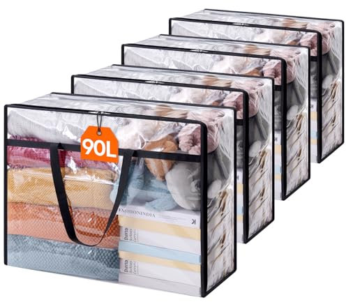 Lifewit Storage 4 Stück Transparente Plastik Aufbewahrungstasche, 95L Kleiderschrank Organizer Aufbewahrungsbox mit Deckel Kleideraufbewahrung Umzugskartons mit Verstärkter Griff