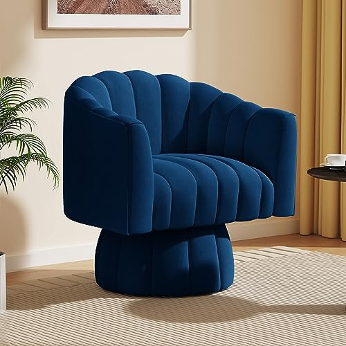 SEYNAR Mid Century - Sillón redondo giratorio de 360 grados con amplio acolchado de terciopelo para salón, dormitorio, oficina, sala de espera (marina de guerra)