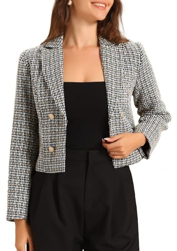Allegra K Veste en Tweed Femme d'hiver à Revers Cranté Blazer Boutonné Tartan de Bureau à Carraux avec Manches Longues Manteau Court Blouson Court Chic