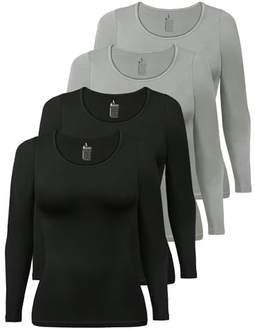 ALPIDEX Maglia Donna Manica Lunga Set da 4 Basic Cotone Elasticizzato Maglia Intima Sottile Girocollo, Taglia:S, Colore:Storm