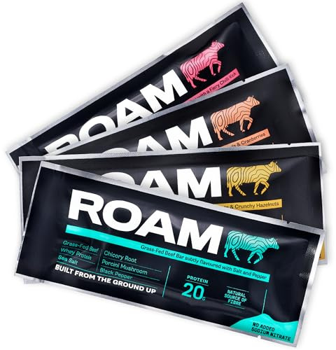 ROAM Natural Protein Bars, Meal Replacement Keto Bars, 12 x 45g Gluten Free Healthy Snacks, Low Calorie Snacks (Assorted Beef Bar Value Bundle)