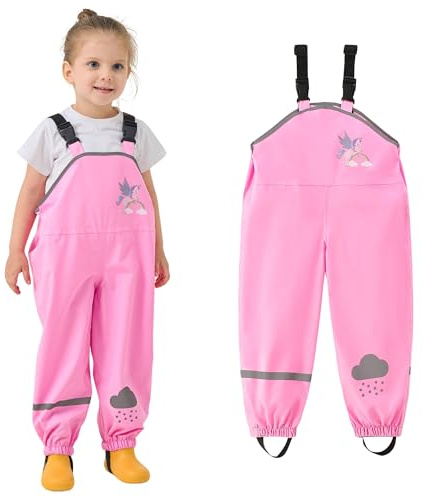 JinBei Enfant Pantalon de Pluie, Fille Imperméable Coupe-Vent Pantalons Respirant Légères Salopette avec Reflechissant d'extérieur Boue Pluie Vêtements Randonnée Camping Rose, 5 Ans