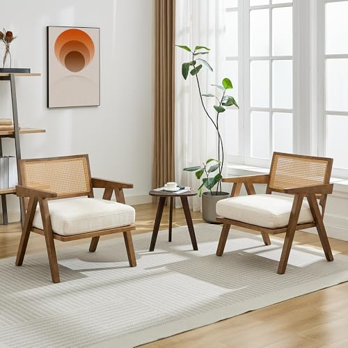 GarveeHome Mid-Century Farmhouse Accent Chair - Wood Armchair with Rattan Backrest & Linen Cushion for Living Room, Bedroom - Beige, Easy Assembly(2 Pcs)