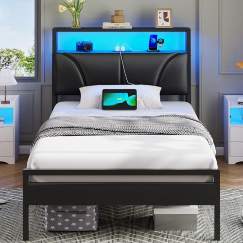 Brinlawb Cadre de Lit 90x190 avec sommier Métal, Lit 1 Personne avec lumières LED, Multiprise (2 Prises CA, 2 Ports USB) lit 90x190cm en métal avec Rangement, Facile à Assembler, Noir PU