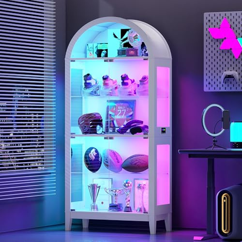Gurexl 175 CM RGB Arco Vitrinas de Cristal con Luces Dinámicas y Sensor,Librerías y Vinotecas con 2 Ajustables Estantes,Vitrina para Colecciones 5 Capas para Salón,Dormitorio,Sala de Juegos,Blanco