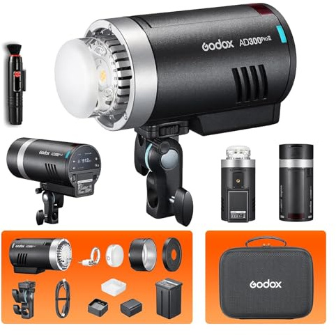 Godox AD300Pro II 2026 Flash da esterno Godox da 300Ws TTL e HSS wireless a 2,4GHz, flash a 1/8000s, Tempo di ricarica di 0,01s, 350 flash Lampada pilota bicolore da 12W Monolight Portatile