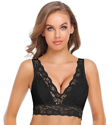 SHEKINI Dam-BH utan bygel bralette dam spets blommor spets bustier med avtagbar vadderad V-ringad sexig bh underkläder underkläder damtoppar topp, svart, S