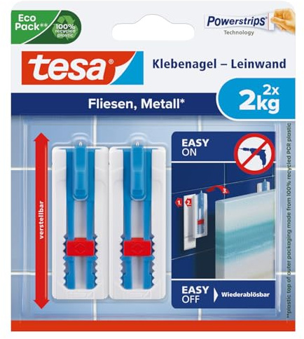 tesa Klebenagel Leinwand Fliesen & Metall-höhenverstellbar-Selbstklebender Leinwand & Keilrahmen-hält bis 2kg/Nagel-spurlos ablösbar, Weiß