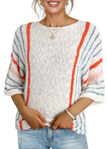 Dokotoo Womens Sweaters 2026 Spring Summer Casual Crewneck Color Block Striped 3/4 Sleeve Loose Lightweight Crochet Knit Trendy Pullover Sweaters for Women Boho Clothes White Medium