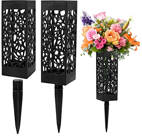 2 jarrones con estaca para tumba, jarrón de cementerio con base, decoración para tumba, jarrón para tumba, jarrón de plástico con agujeros de drenaje, color negro