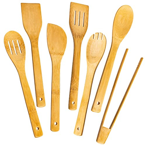 Eisinly Wooden Spoons for Cooking 7-Piece, Kitchen Nonstick Bamboo Cooking Utensils Set, Healthy Bamboo Wooden Spatula Spoon for Cooking