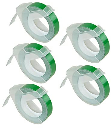 Cruxer Prägeband, Ersatz für Dymo Omega Etikettenband, selbstklebendes Dymo Prägeband, 9 mm x 3 m, weiß auf grün, Vinyl-Etiketten für DYMO Omega Junior Prägeetikettenmacher, 5 Stück