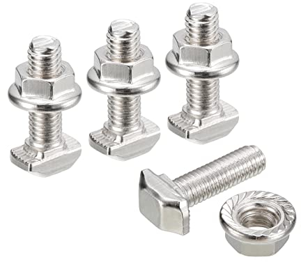 sourcing map M5x16mm T Ranura Inserción Perno y M5 Hexagonal Brida Tuerca Juego, 10 Juegos Martillo Cabeza T-Perno T Forma Perno Tornillo Deslizante para 20 Serie Aluminio Perfil