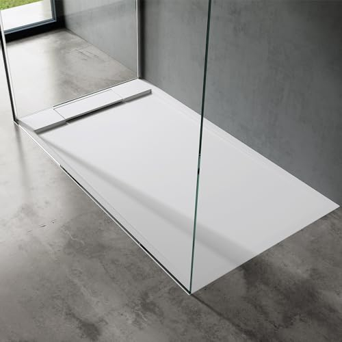 doporro Duschtasse Duschwanne 90x140x4 flach Mineralguss in Weiß DIN-Anschlüsse für bodenebene Montage geeigne inkl. Ablaufgarnitur Geoma04