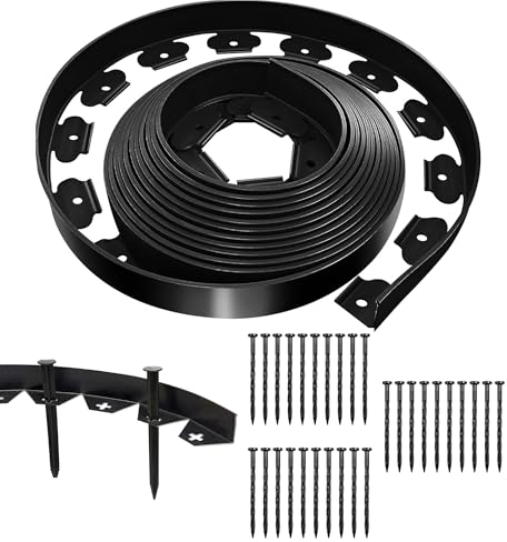 OTYMIOW Cenefa de Césped Flexible Negro 10m*5cm con 30 Clavos de Fijación, Cenefa de Jardín Exterior Rollo de Cenefa de Césped de Plástico para Césped Cenefa de Jardín Cenefa para Arriate, Bordillo