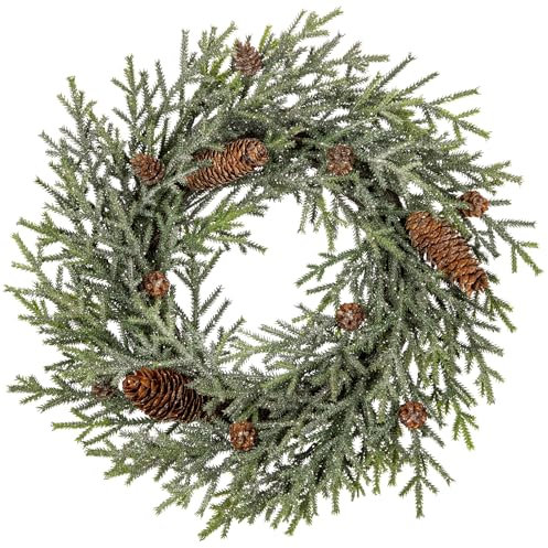 Oairse 18 inch/46cm Christmas Wreath, Small Christmas Wreath for Front Door Christmas Door Wreaths Norfolk Pine Wreath with Frosted Pine Cones Cedar Aritificial Wreath for Christmas Indoor Decorations