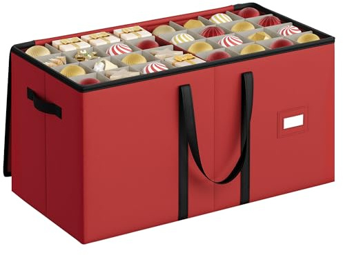 SONGMICS Contenitore per Palline di Natale, 128 Scomparti da 7,6 cm, Scatola Impilabile Decorazioni Natalizie con Coperchio, Doppia Cerniera Lampo, Divisori Regolabili, Rosso Ciliegia RFB039R01