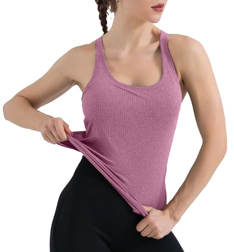 SHEKINI Damsportlinne, topp med integrerad behå utan bygel, ärmlös, ribbad undertröja, bh-skjorta, basic, andas, yoga, fitness, skjorta, sommar, racer, rygg, topp, crop topp, yoga-bh, Beige, M