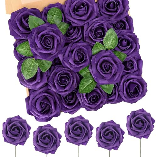 N&T NIETING Fiori artificiali di rose, 25 pezzi Rose finte per decorazione fai-da-te per matrimonio, festa, mazzi di fiori, composizioni floreali, decorazione per la casa, viola scuro