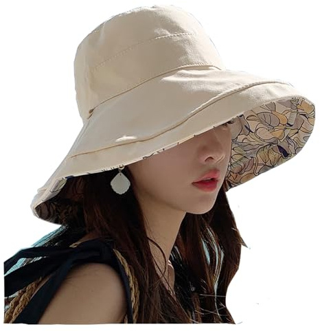 HEVIBK Primavera Estate Stampa Reversibile Sun Beach Hat Cappello da Sole da Spiaggia Estivo da Donna Cappello a Secchiello Estivo Cappello da Spiaggia Grande (IT, Testo, Taglia Unica, Beige)