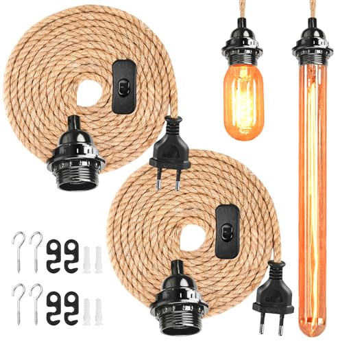 2 stycken 4,5 m pendellampa, set med strömbrytare, vintage lampkabel, E27-vriden hamparep med utan glödlampa, textilkabel, lamphållare med kabel, gör-det-själv lampor, hängande lampa för bondgård Home