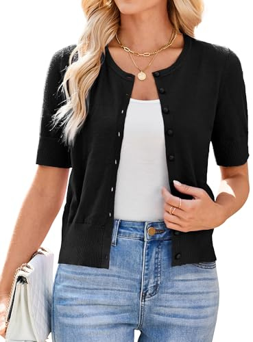 Newshows Short Sleeve Cardigan for Women UK Summer Cropped Cardigan Knitted Buttons Down Bolero Shrug Black,L