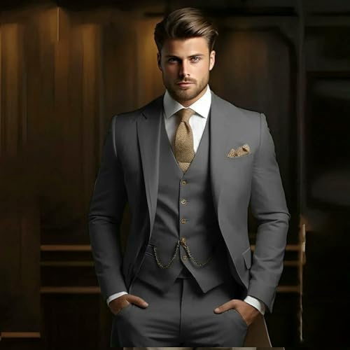 QXWD Trajes Formales Hombre, 3 Piezas, Esmoquin Caqui para Novio, Traje de Moda Ajustado para Hombre, Chaqueta con pantalón y Chaleco