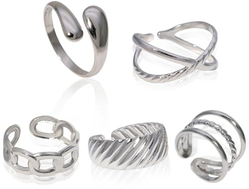 AFCJLTO Bagues Ouvertes Acier Inoxydable Phalange Empilables Minimaliste Argent Pouce et Knuckle Femmes 5 Pièces