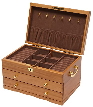 Portagioie, scatola portagioie in legno a 3 livelli con grande capacità, portagioie vintage marrone con serratura, regalo per madre, amica, donna
