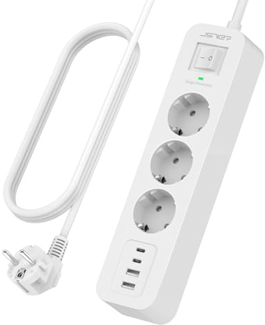JSVER Multipresa con 4 porte di Ricarica USB (3,4 A 5 V), Adattatore 7 in 1 con 3 Prese CA, Prese con Protezione da Sovratensioni e Interruttore per Casa e Ufficio, Cavo da 2 m (Bianco)