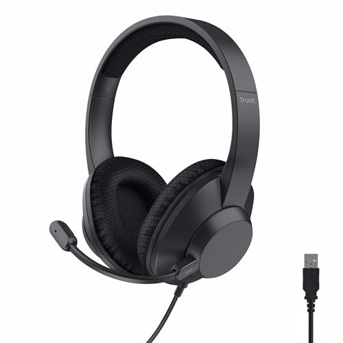 Trust Ayda MAX Auriculares con Cable USB, Micrófono Cancelación de Ruido ENC, 85% Plástico Reciclado, Cable 1,8 m, Cascos Over Ear USB-C PC Ordenador Portátil Zoom Teams, Negro