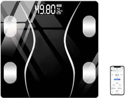 UUE Körperfettwaage, Personenwaage mit APP, Körperanalysewaage mit 72 messdaten, Smart Body Scal mit Bluetooth, für Körperfett, BMI, Gewicht und Muskelmasse, 180KG/397LBS, 26 x 26CM, LED-Display