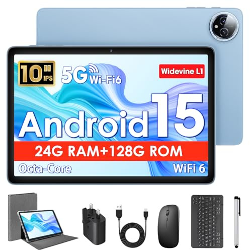 Android Tablet with keyboard, Android 15 Tablet 10 Inch Tablets with Case, Mouse, Stylus, Octa-Core, 24GB(8+16)+128GB+1TB, 1280x800 IPS, Widevine L1, GPS, 2.4G/5G WiFi, 5MP+8MP, 6000mAh, BT5.4, Blue