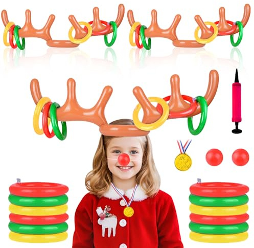 Jeu de Lancer de Bois de Renne Gonflables, Jeu de Lancer d’Anneaux Gonflables de Noël, Chapeau de Corne de Caribou Amusant, Renne de Noël Gonflable, Jeu de Fête de Noël pour Enfants et Adultes (C)