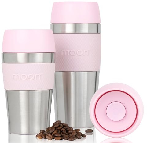 Moon 360° Travel Mugs - Leakproof Reusable Coffee Cup for Hot Drinks - Insulated Stainless Steel Thermal Mug, Fits Car Cup Holders (450ml, Recycled Metal/Pink)
