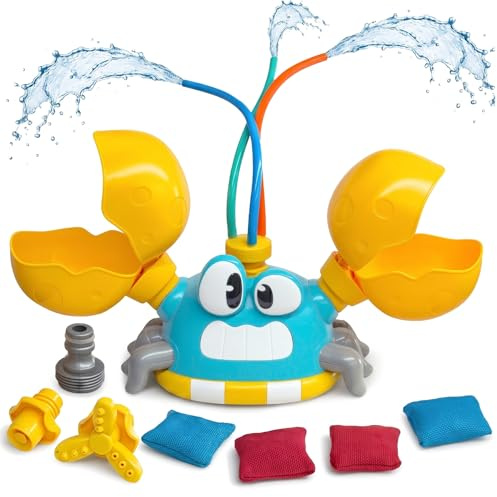 Meribbit Arroseur Crabe avec Sacs de Lancer, Jeu Aquatique Jardin Enfant | Jouet d'été 3-en-1 avec 3 modes de jet, jeu cornhole intégré, raccord tuyau universel, idéal pour jardin et arrière-cour