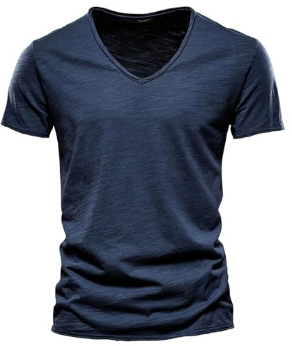 Herr djup V-hals T-shirt muscle slim fit – lågt skuren stretch kortärmad undertröja – träning träningskläder t-shirt, A-marinblå, S