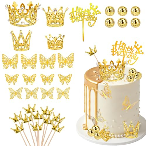 Corona para Pastel,33 Piezas Adornos para Tartas de Corona,Decoracion Tarta Corona, Decoración de Pastel de Coronas Dorada,Adornos para Tartas de Mariposa para Fiestas de Cumpleaños Aniversarios Bodas