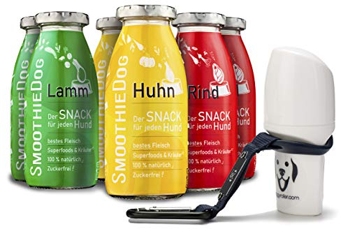 Doggyroller mit SmoothieDog Hundesmoothie 6er Mix Klassik - 100% getreidefrei, für alle Hunde, 3 Sorten - Lamm, Rind und Huhn, natürlicher und zuckerfreier Hundesnack, 6X 250 ml, Farbe Blau