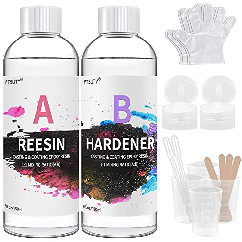 Epoxy Resin Kit - 300ml /10oz Crystal Clear Epoxy Resin for Casting - 1:1 Ratio Crystal Clear Resin Coating with Sticks, Graduated Cups and Gloves for Jewelry Making