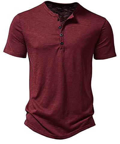 Men's Casual Grandad Collar Henley T Shirt Muscle Fit Summer Smart Short Sleeve 4 Buttons Tee Slim Fitted Collarless Polo T-Shirts Tops-Wine Red-XL