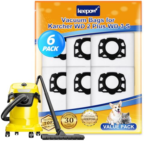 KEEPOW 6 Pack KFI 357 Vacuum Bags for Kärcher WD 2 Plus, WD 3, WD 3 Battery, Fleece Hoover Bags for Karcher Vacuum Cleaner WD3 S, KWD 1, KWD 2, KWD 3, MV 3, SE4001, SE4002
