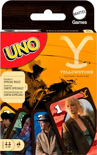 Mattel Games UNO Yellowstone - Juego de cartas para niños, adultos, familias y fiestas con baraja y regla especial inspirada en el programa de televisión