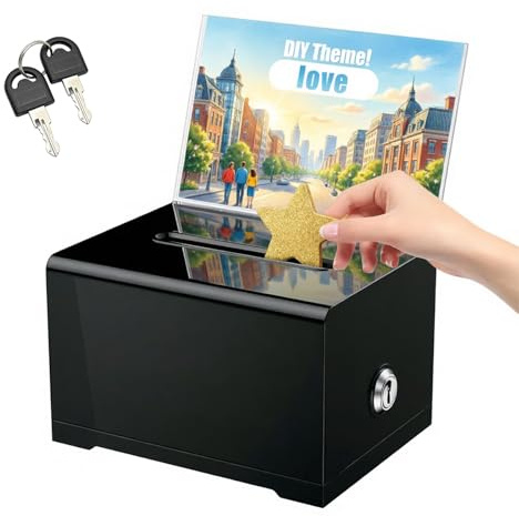 Caja de Donaciones Acrílico, Caja de Sugerencias con Llave, para Revisiones, Votos, Sorteos, Donaciones y Recogida de Tarjetas de Visita, Negro