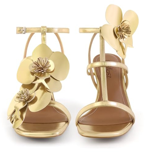 LACIKOSZ Gold Sandals Women Strappy High Heels Dress Sandals Women Flower Heels Sexy Gold Shoes