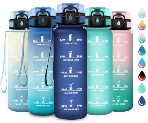 Bouteille d'eau 1L, Bouteille d'eau de Motivation avec Marqueur de Temps, Étanche et Réutilisable, Gourde avec Filtre sans BPA, Bouteille Réutilisable pour l'école, Sport, Bureau, Yoga, Camping