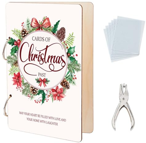 SUPERDANT Cards Of Christmas Past - Soporte para tarjetas de felicitación, organizador, piñas, hojas de invierno, soporte para tarjetas de madera, carpeta álbum de fotos con perforadora y 20 bolsillos